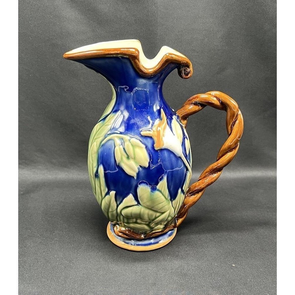 Vintage Majolica Pottery Pitcher Cobalt Blue Green Leaf Twisted Handle 11 Inch